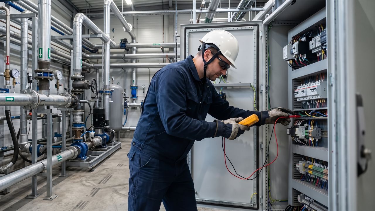 Técnico realizando mantenimiento electromecánico en un tablero eléctrico