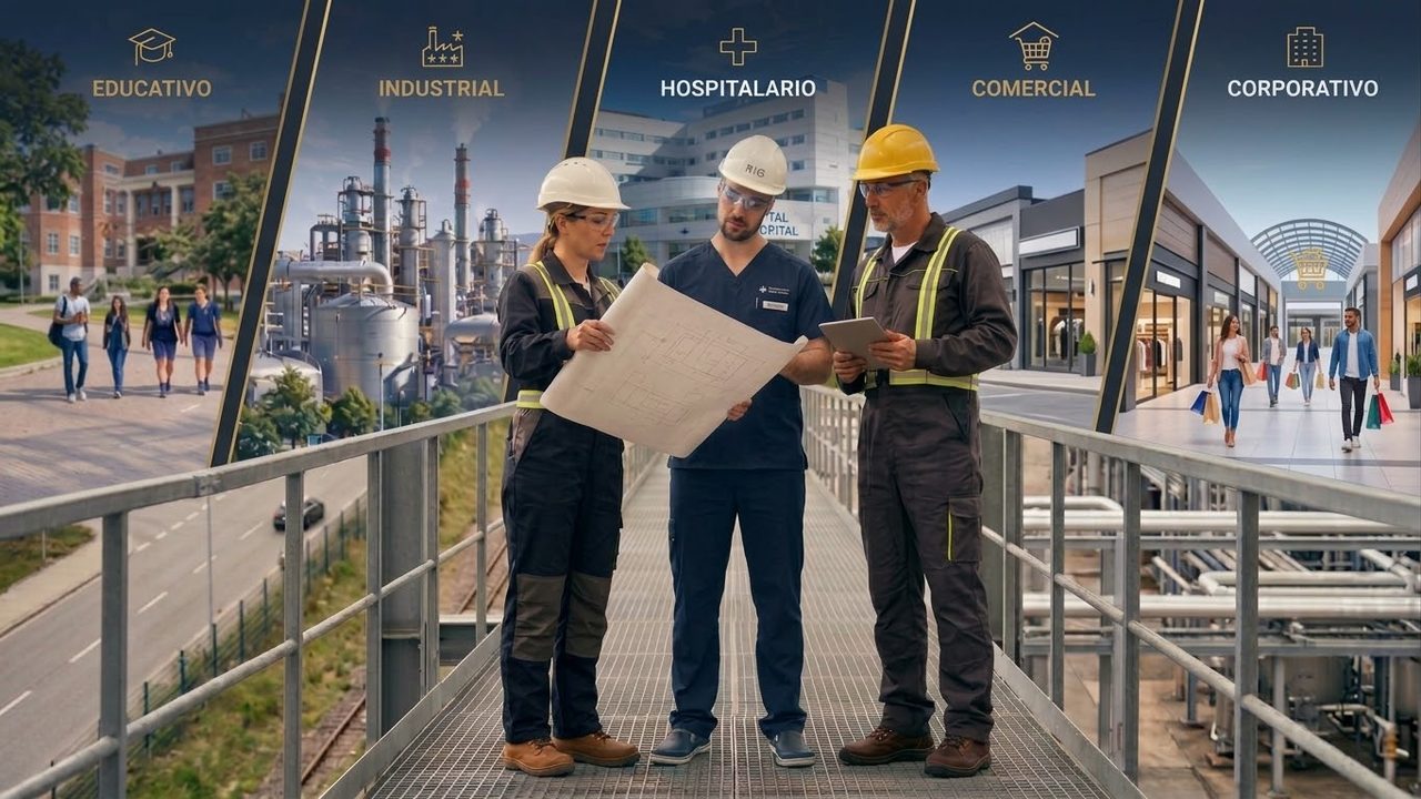 Equipo de ingeniería de INCOLMER frente a instalaciones hospitalarias, industriales, comerciales, educativas y corporativas